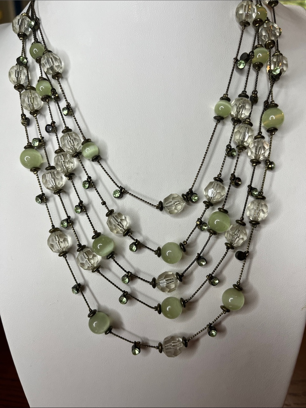 Layered Green cat eye Bead and Clear bead Necklace